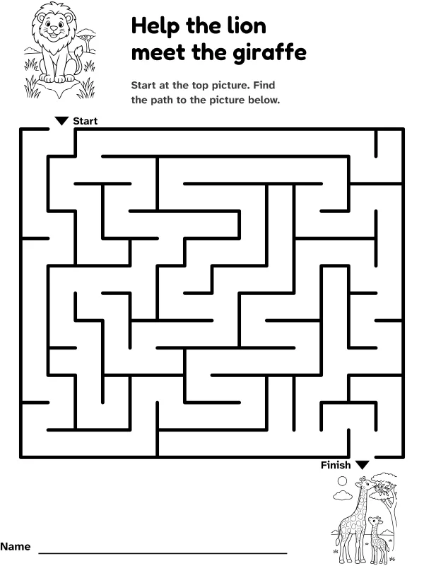Lion to giraffe maze: help the lion meet the giraffe, with pictures at the start and finish
