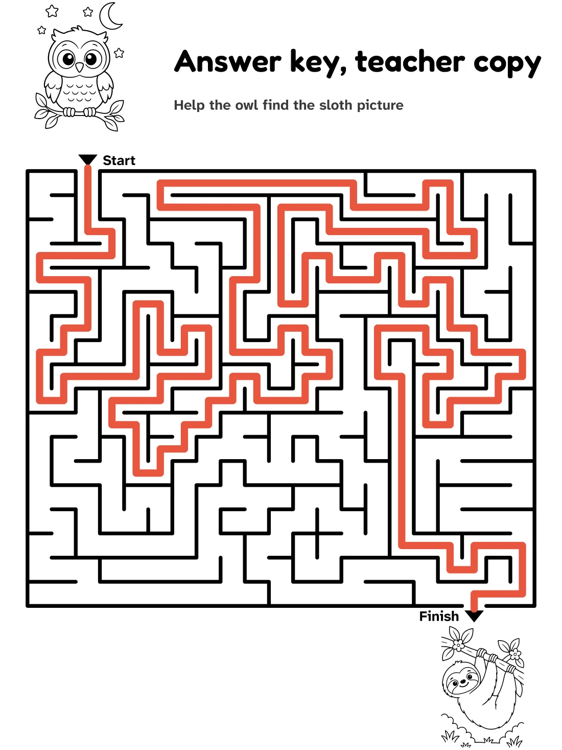 Answer key for the owl to sloth maze