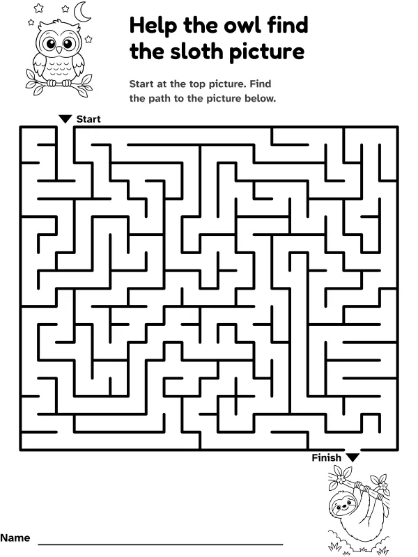 Owl to sloth maze: help the owl find the sloth picture, with pictures at the start and finish