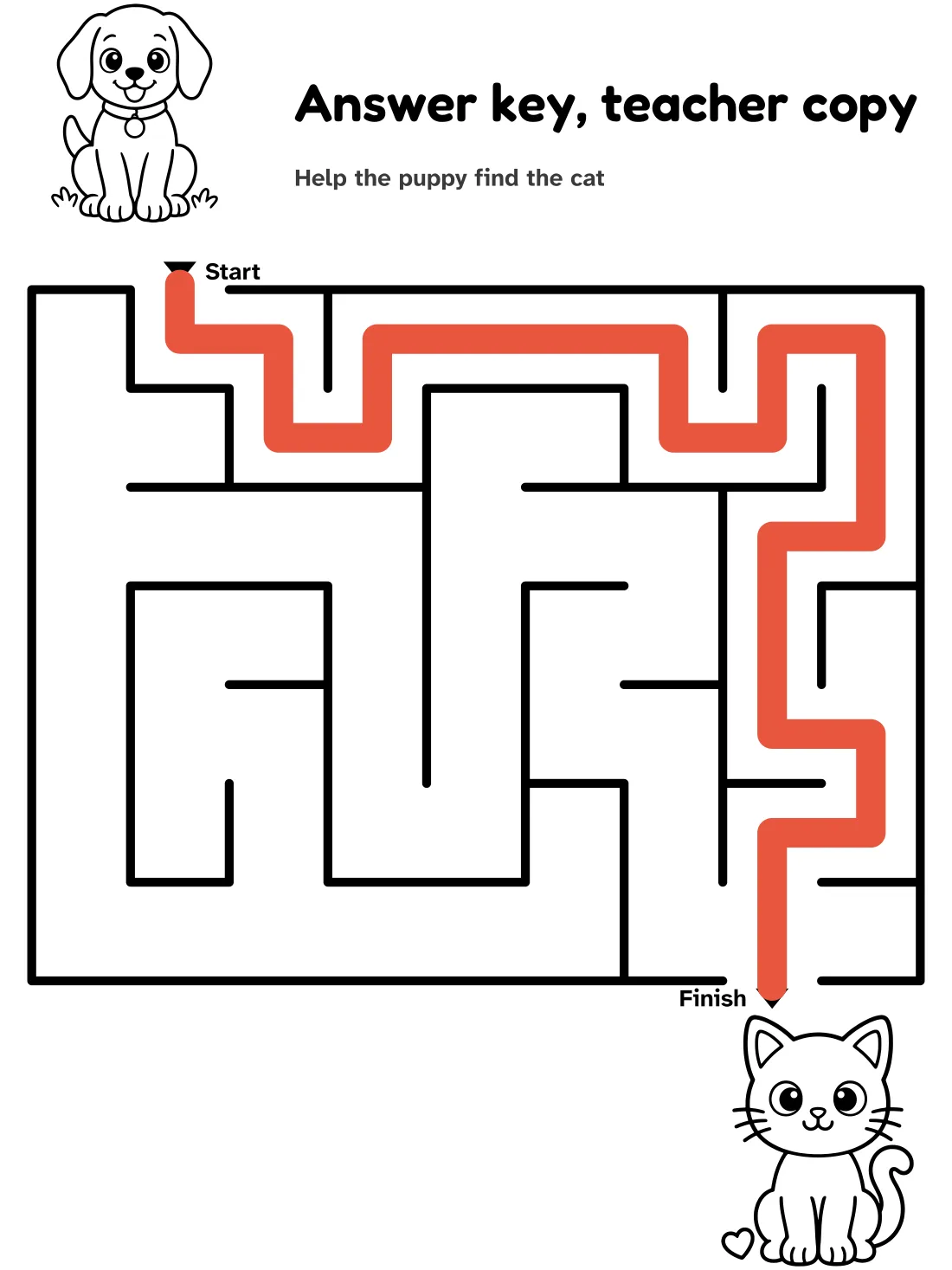 Answer key for the puppy to cat maze