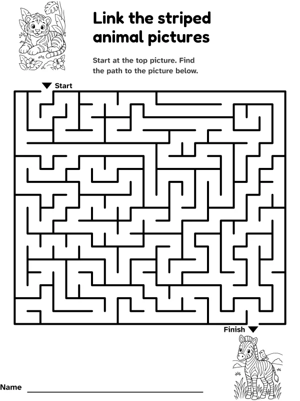 Tiger to zebra maze: link the striped animal pictures, with pictures at the start and finish