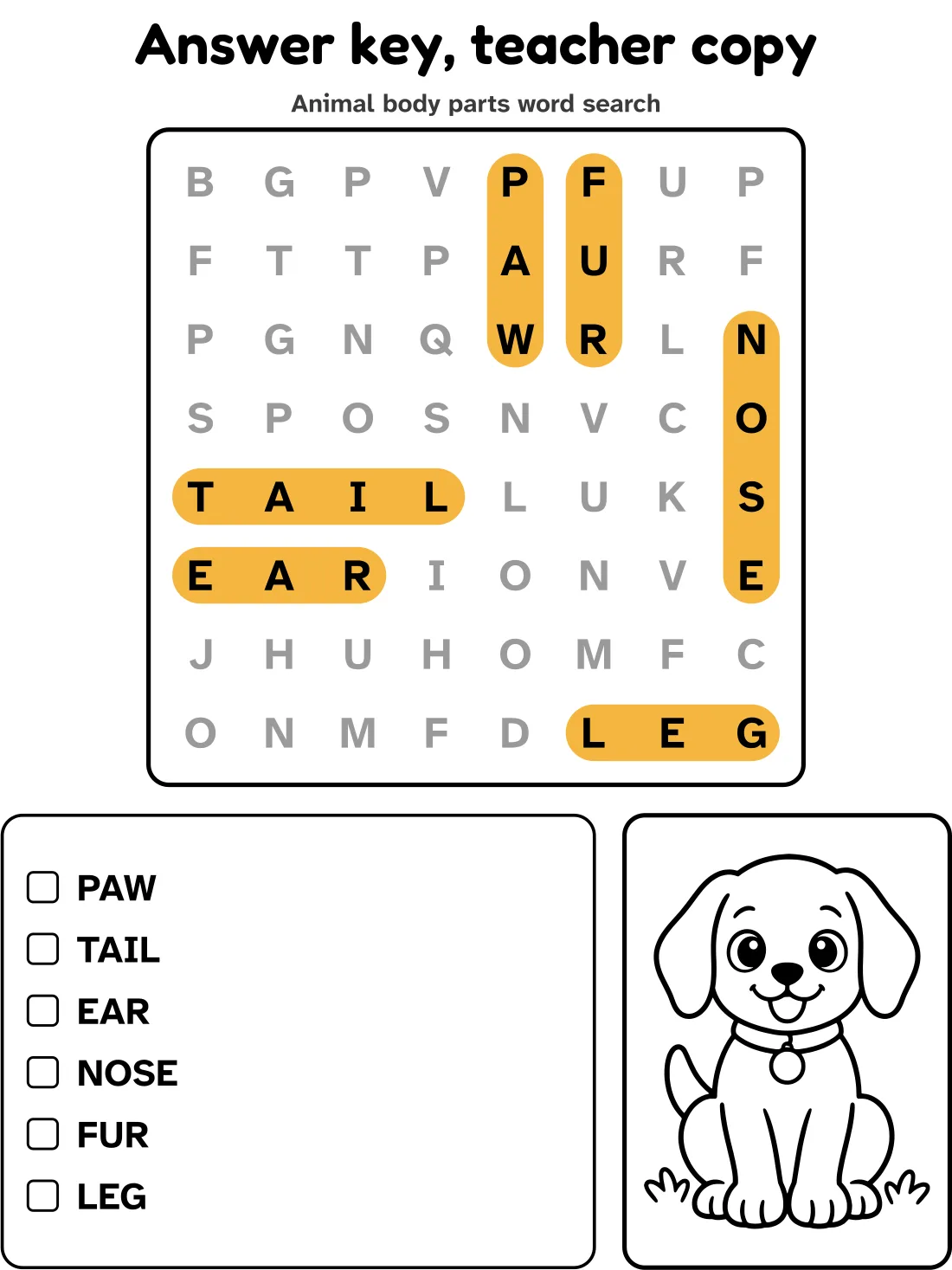 Answer key for the animal body parts word search