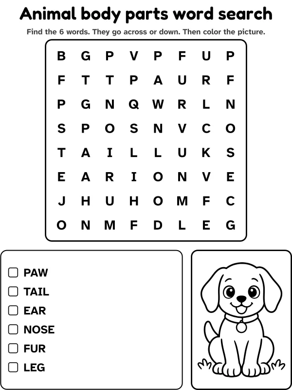 Animal body parts word search