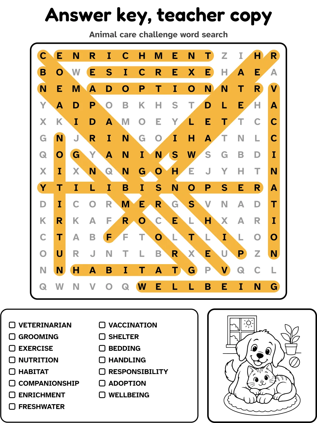 Answer key for the animal care challenge word search