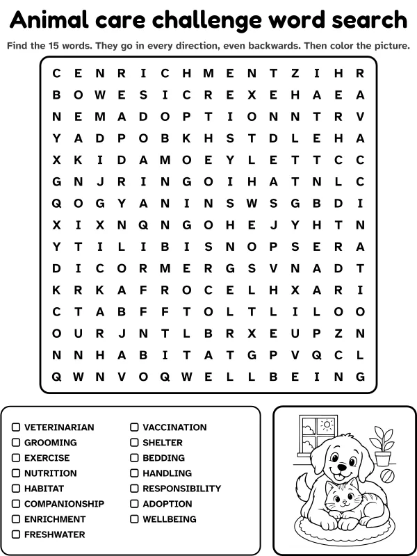 Animal care challenge word search with 15 words to find and a picture to color