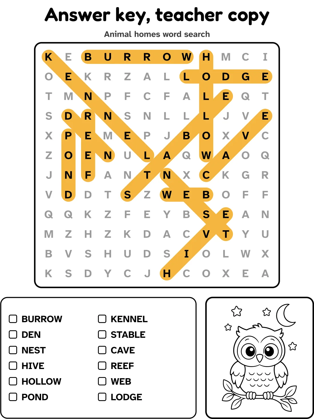Answer key for the animal homes word search