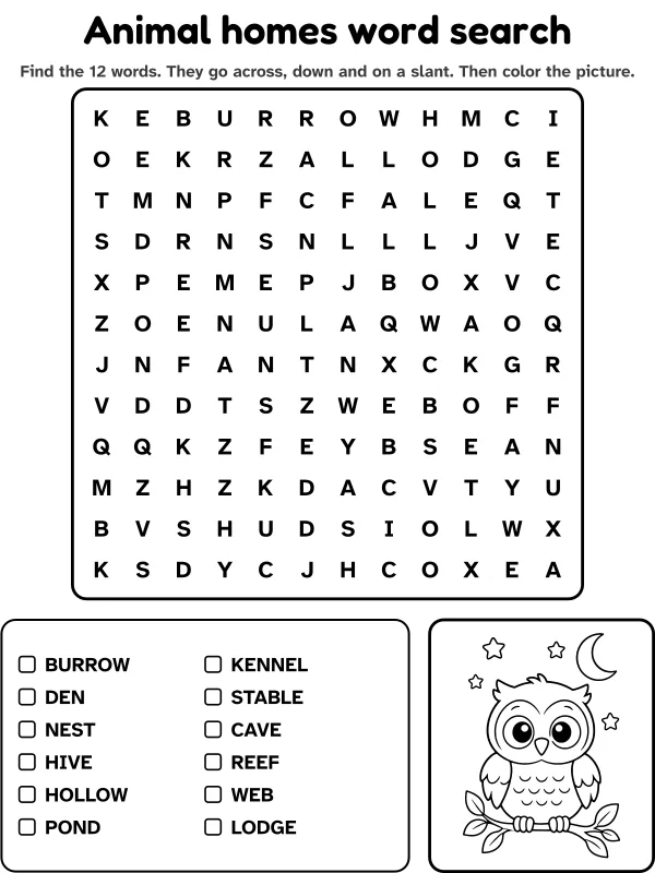 Animal homes word search with 12 words to find and a picture to color