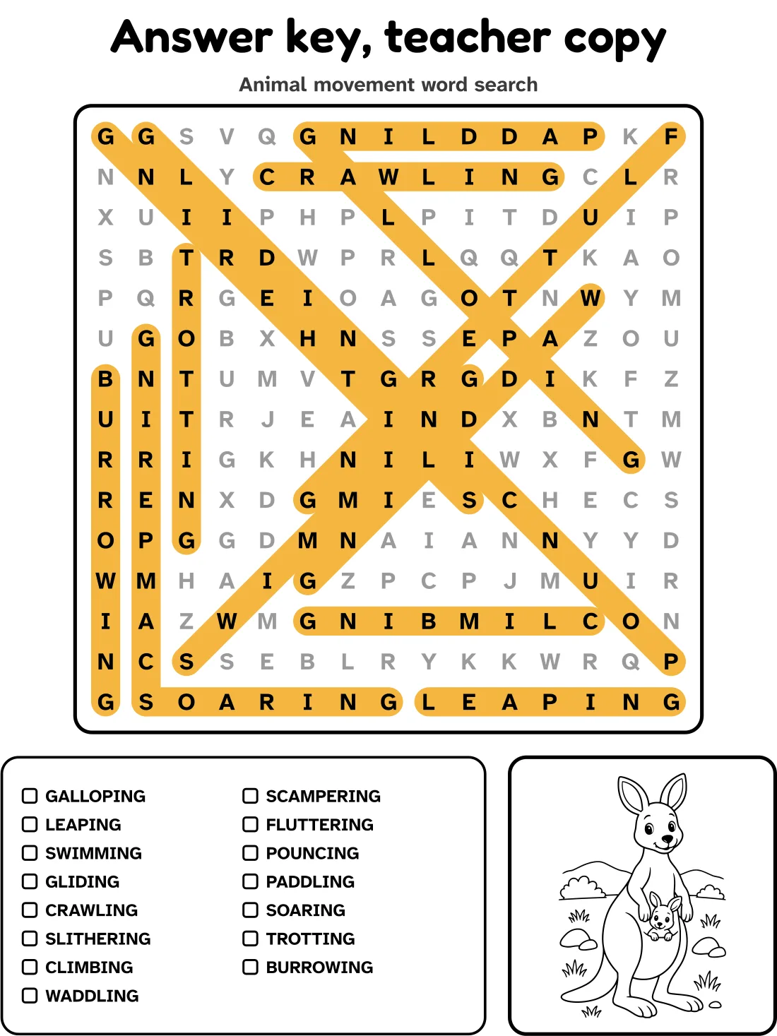 Answer key for the animal movement word search