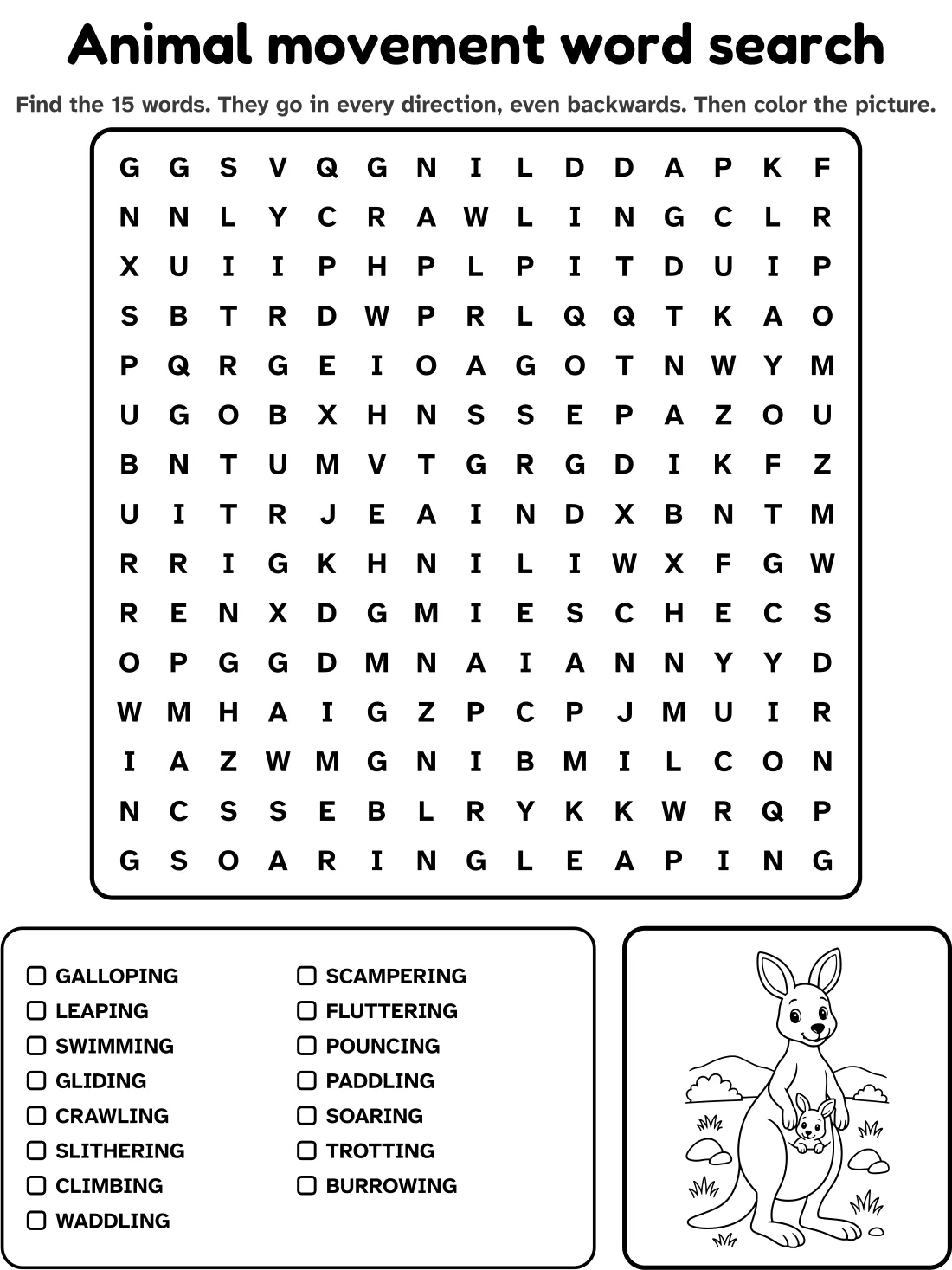 Animal movement word search with 15 words to find and a picture to color