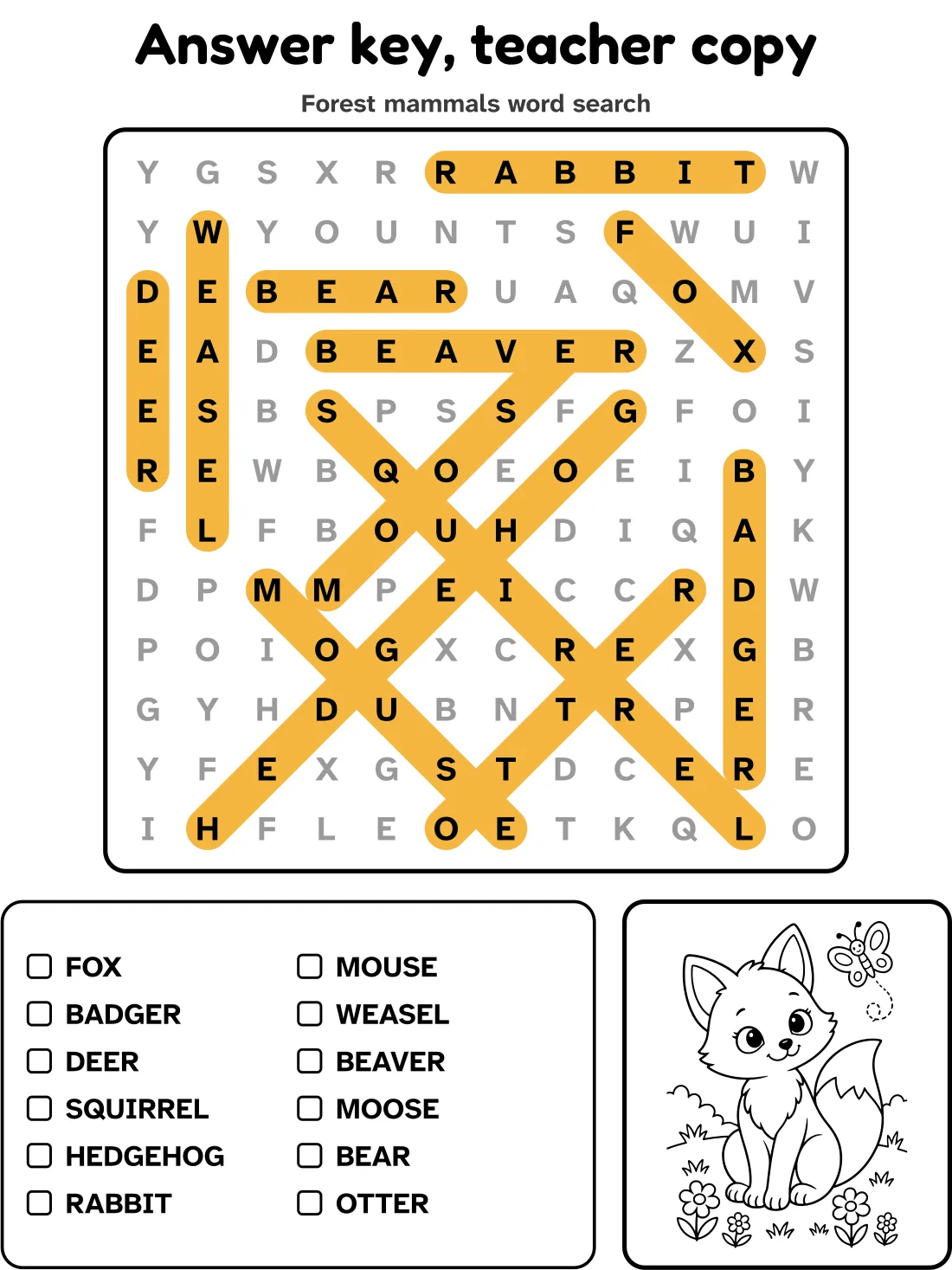 Answer key for the forest mammals word search