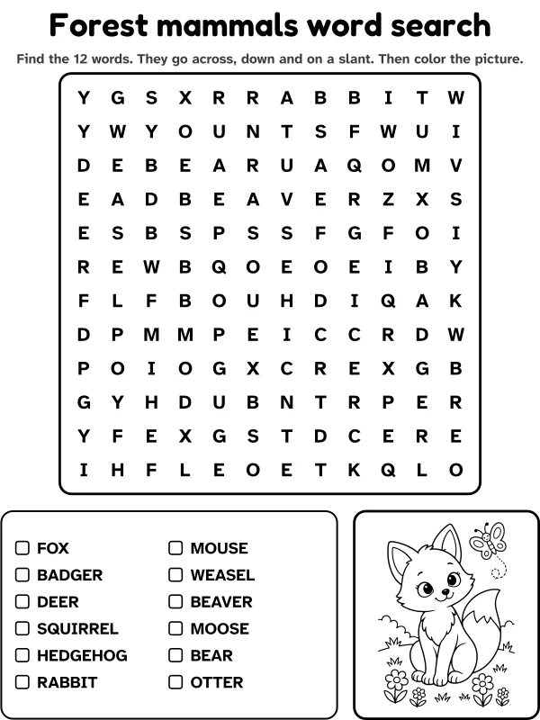Forest mammals word search with 12 words to find and a picture to color