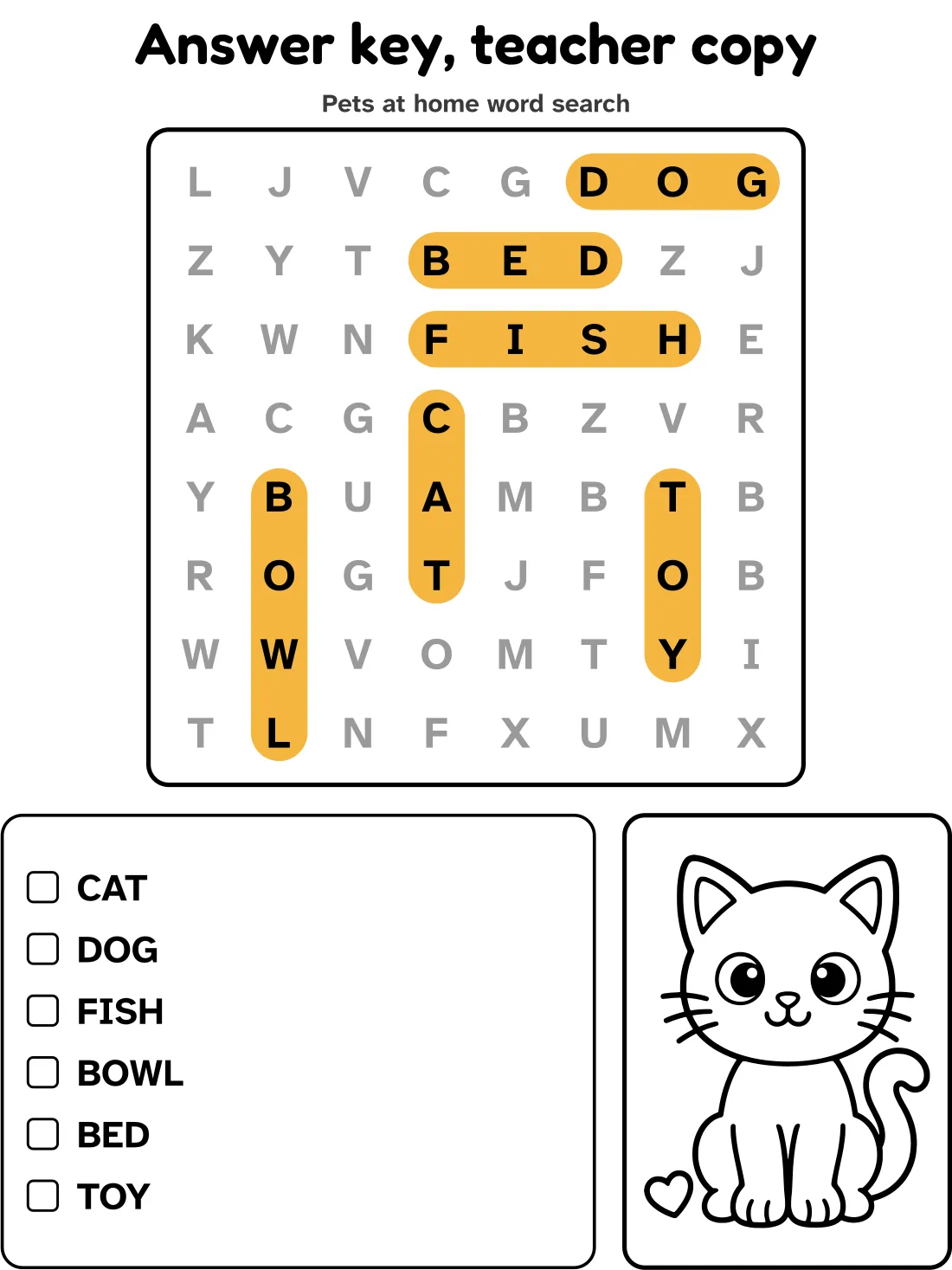 Answer key for the pets at home word search