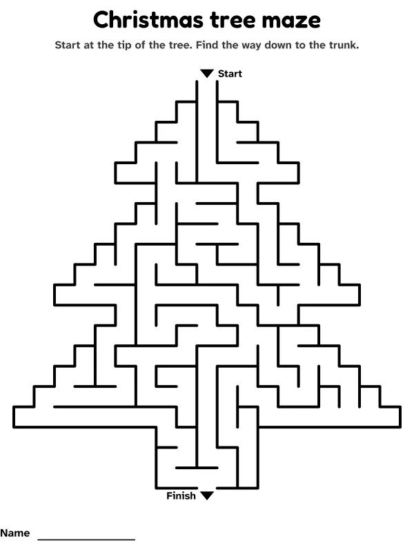 Christmas tree maze: a printable maze in the shape of a christmas tree