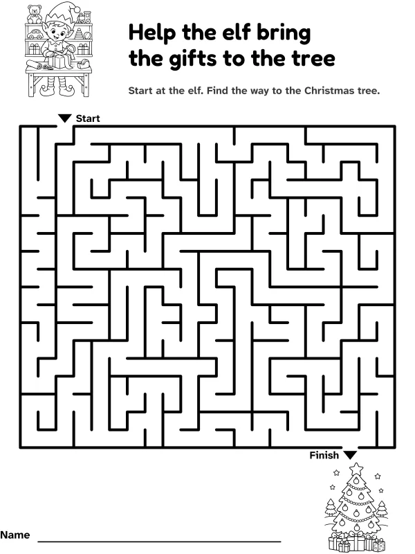 Elf and presents maze: help the elf bring the gifts to the tree, with pictures at the start and finish