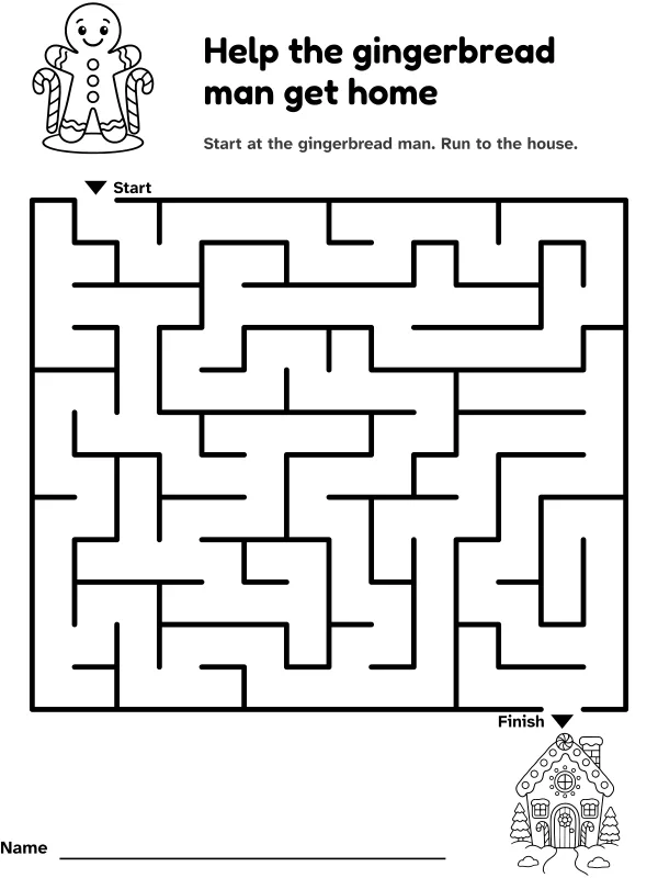 Gingerbread man maze: help the gingerbread man get home, with pictures at the start and finish