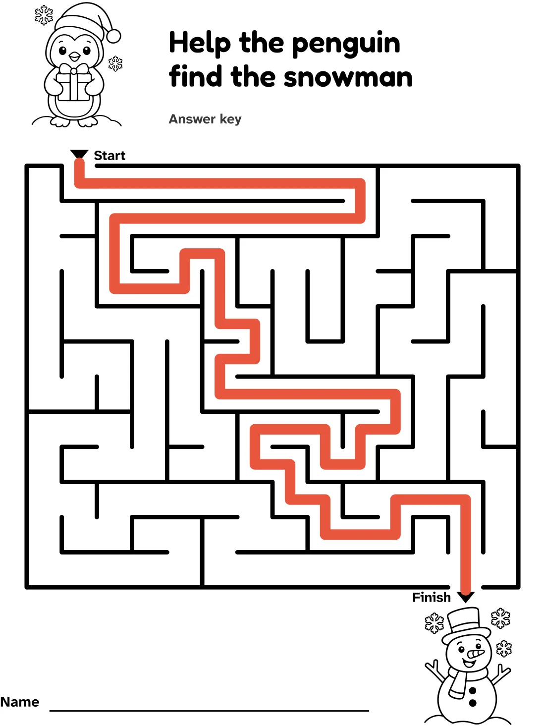 Answer key for the penguin and snowman maze