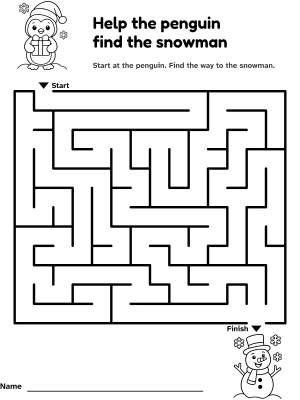 Penguin and snowman maze: help the penguin find the snowman, with pictures at the start and finish
