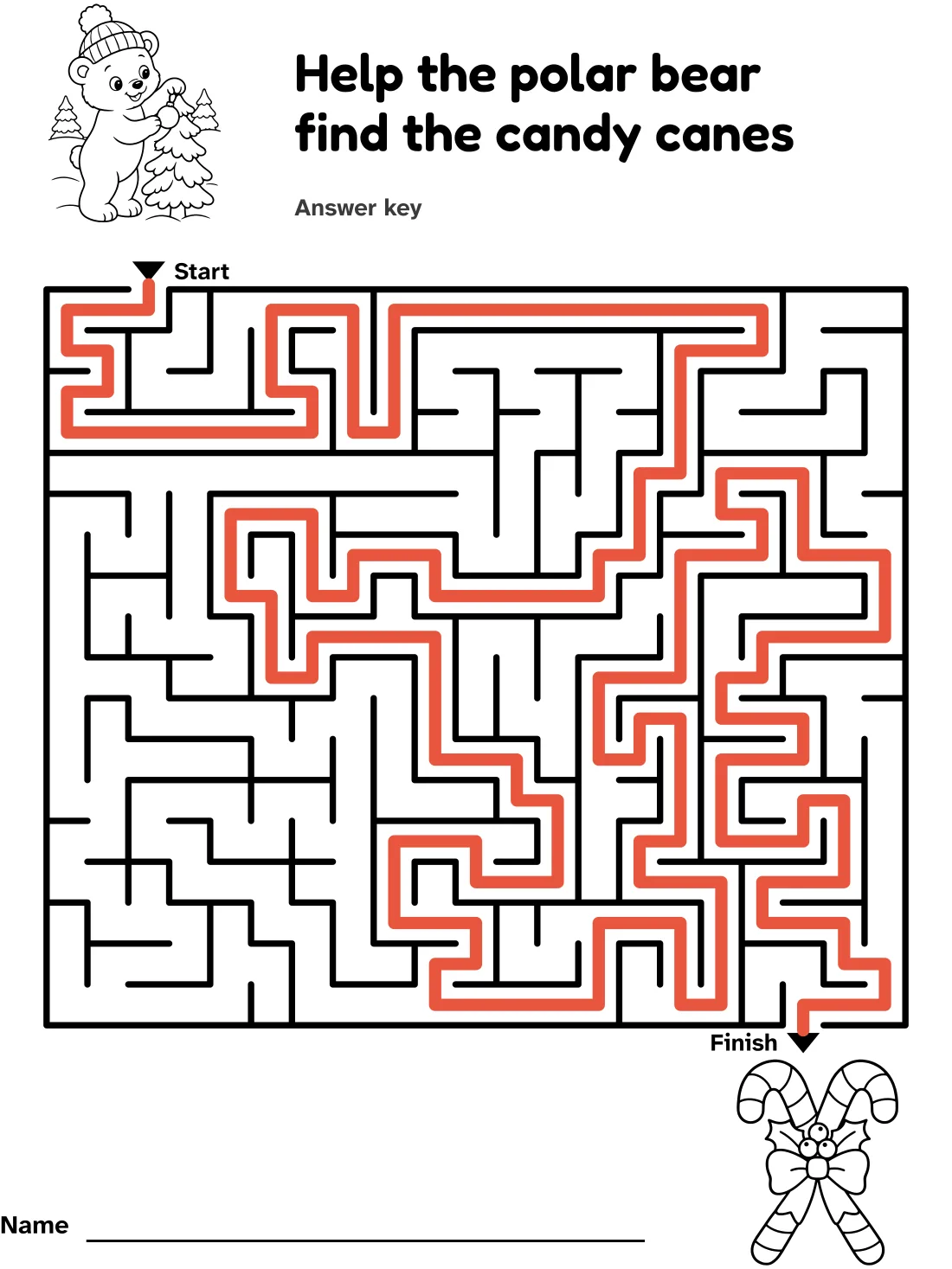 Answer key for the polar bear and candy cane maze