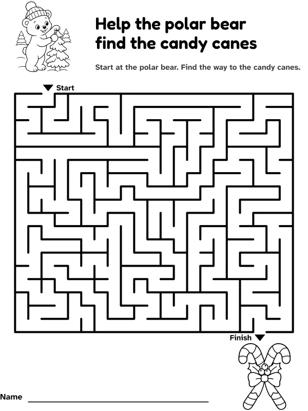 Polar bear and candy cane maze: help the polar bear find the candy canes, with pictures at the start and finish