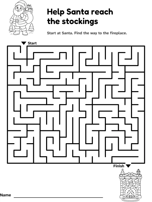 Santa and stockings maze: help Santa reach the stockings, with pictures at the start and finish