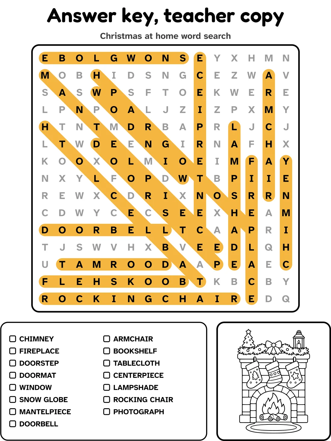 Answer key for the christmas at home word search