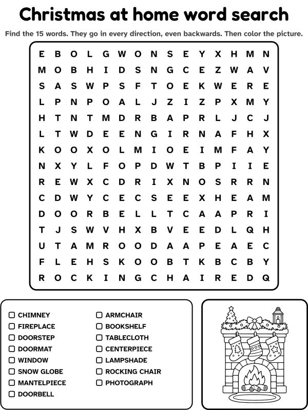 Christmas at home word search with 15 words to find and a picture to color