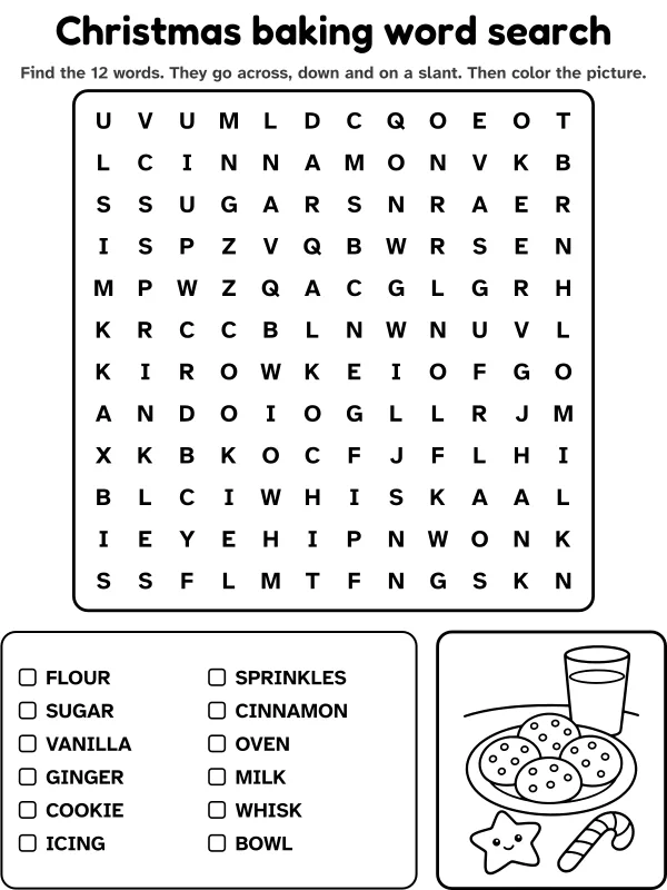 Christmas baking word search with 12 words to find and a picture to color