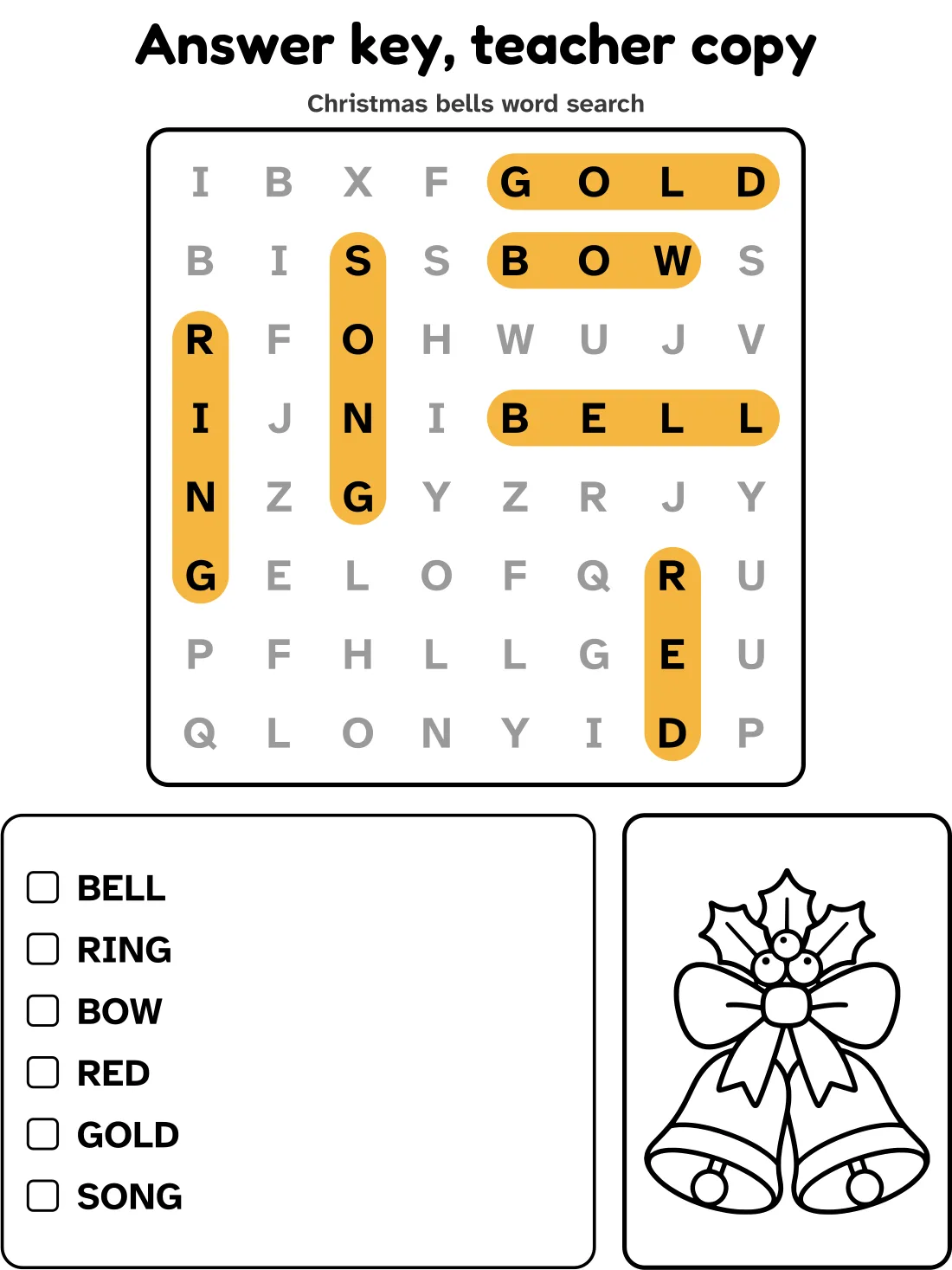 Answer key for the christmas bells word search