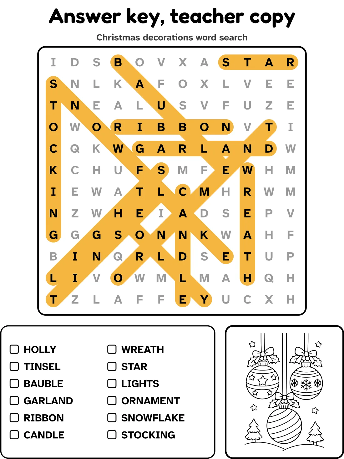 Answer key for the christmas decorations word search