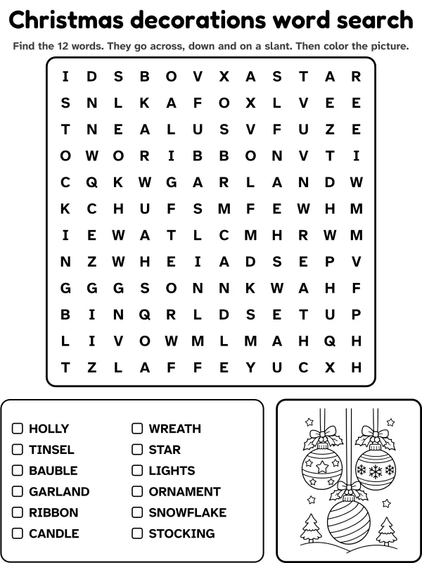 Christmas decorations word search with 12 words to find and a picture to color