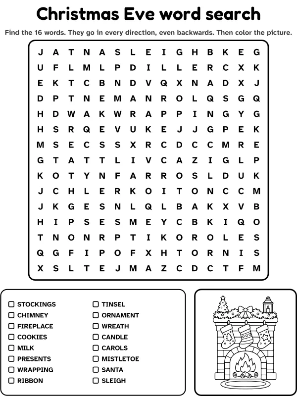 Christmas Eve word search with 16 words to find and a picture to color