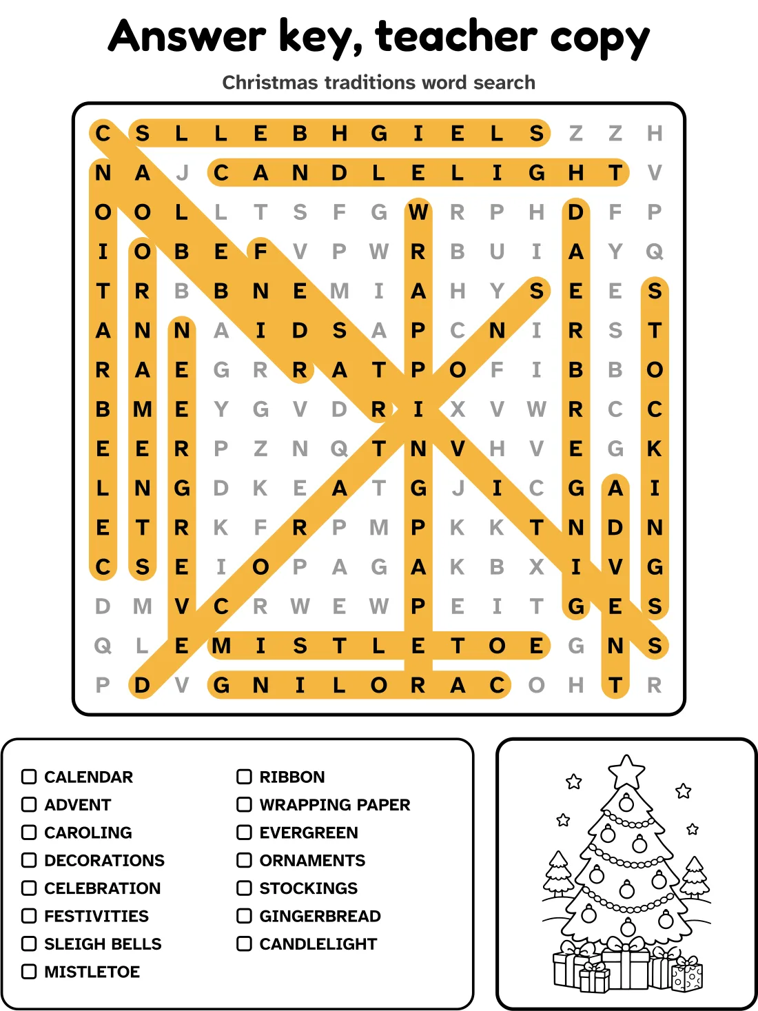 Answer key for the christmas traditions word search