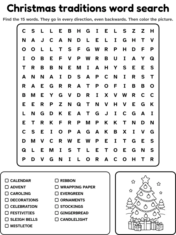 Christmas traditions word search with 15 words to find and a picture to color