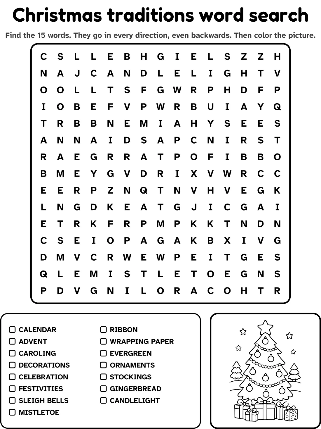 Christmas traditions word search with 15 words to find and a picture to color