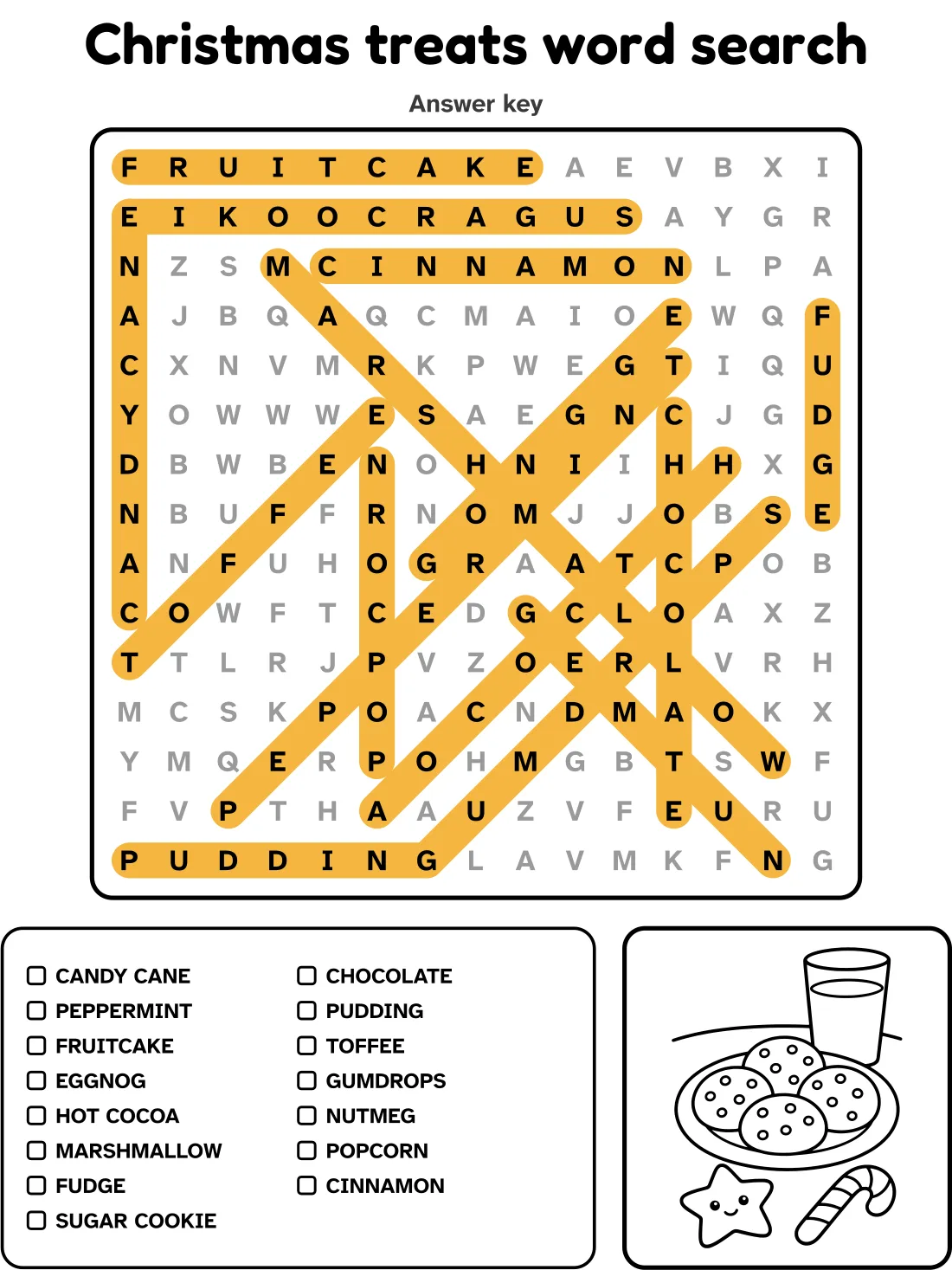 Answer key for the christmas treats word search