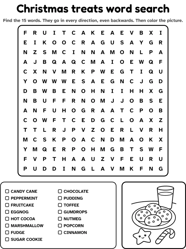 Christmas treats word search with 15 words to find and a picture to color