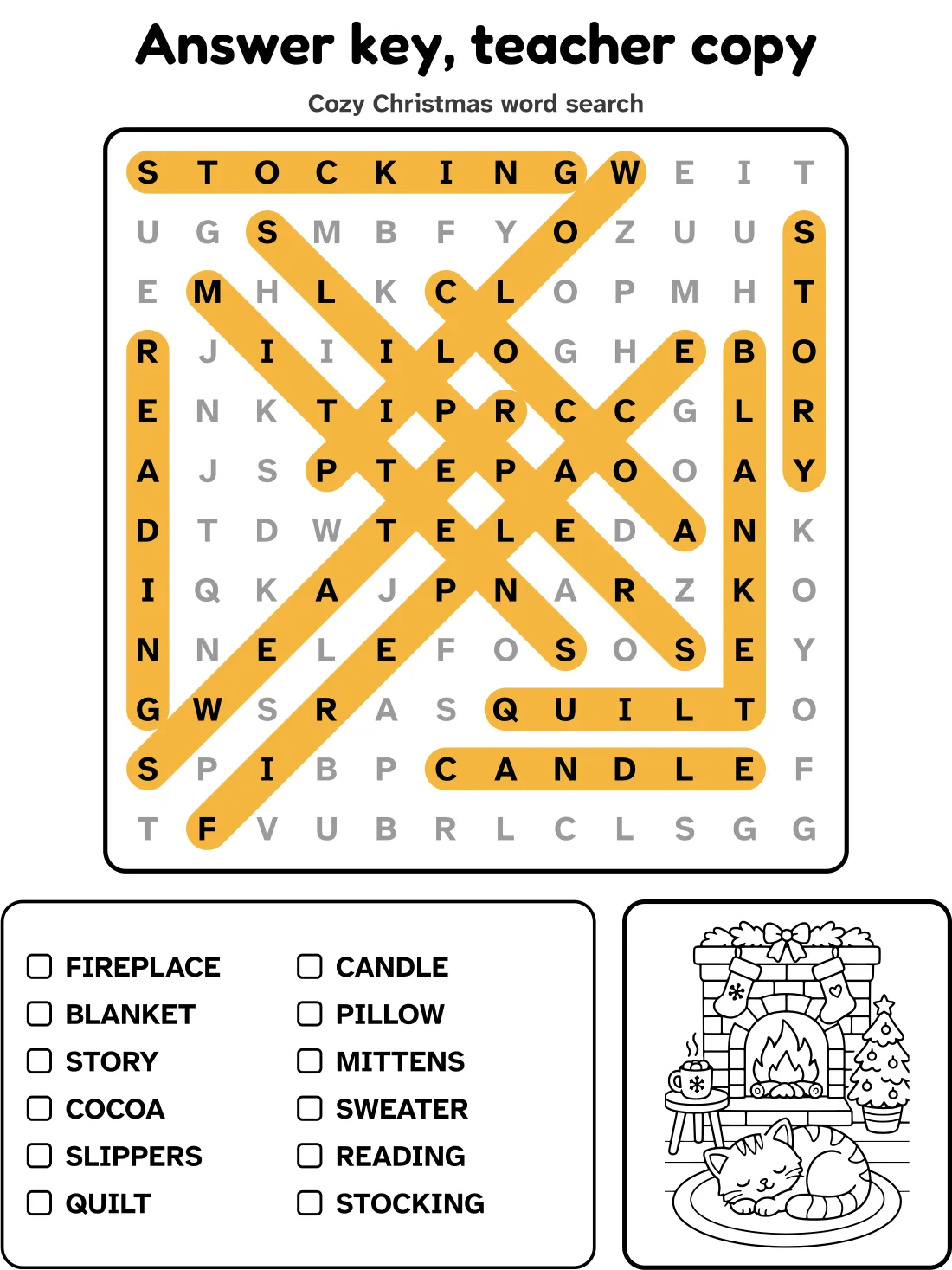 Answer key for the cozy Christmas word search