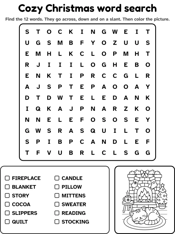 Cozy Christmas word search with 12 words to find and a picture to color