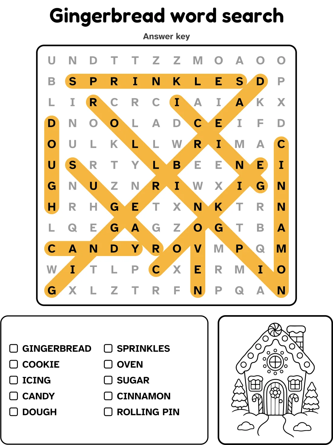 Answer key for the gingerbread word search