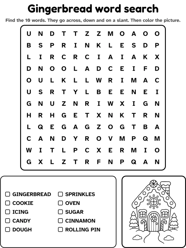 Gingerbread word search with 10 words to find and a picture to color