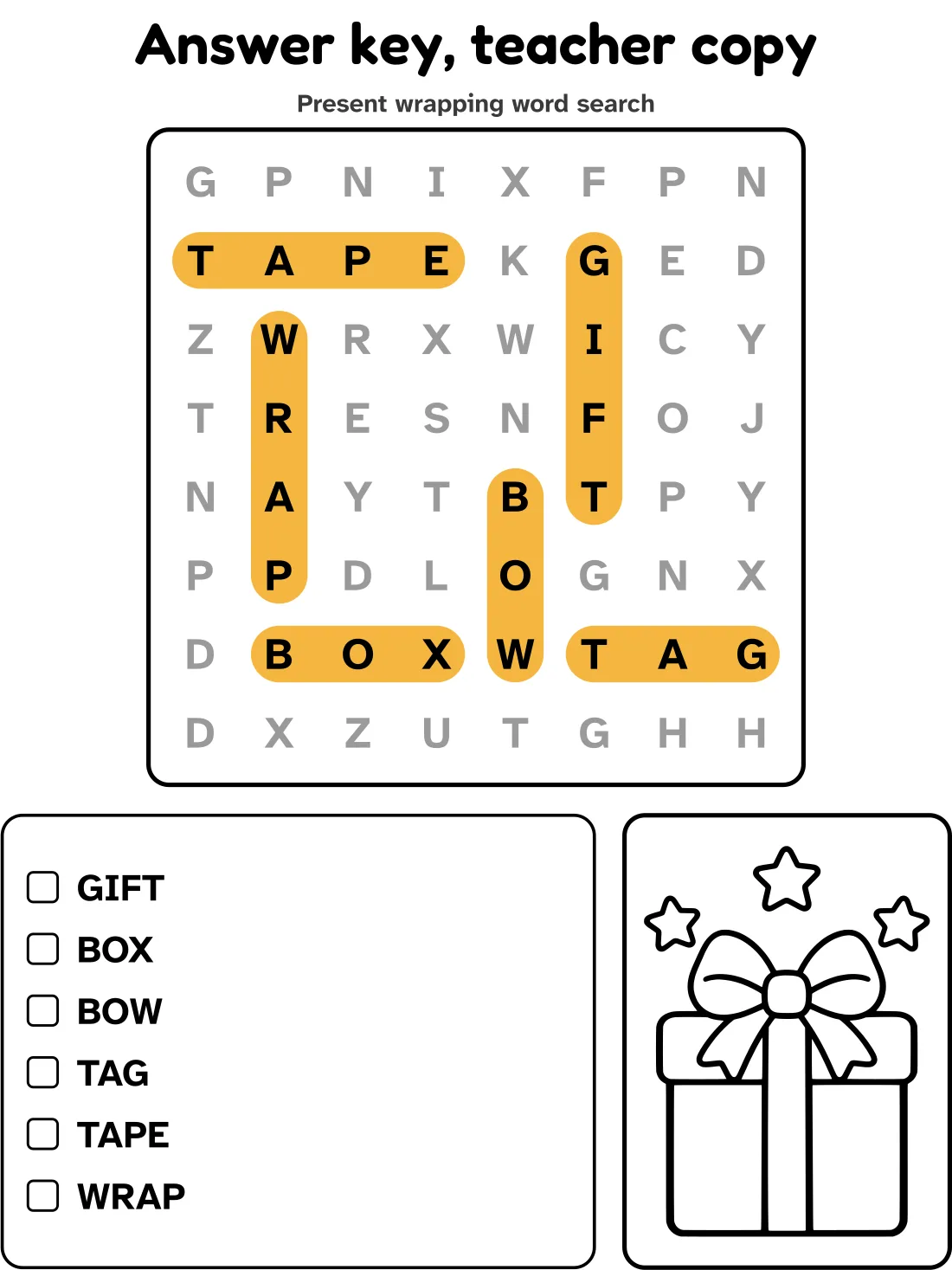 Answer key for the present wrapping word search