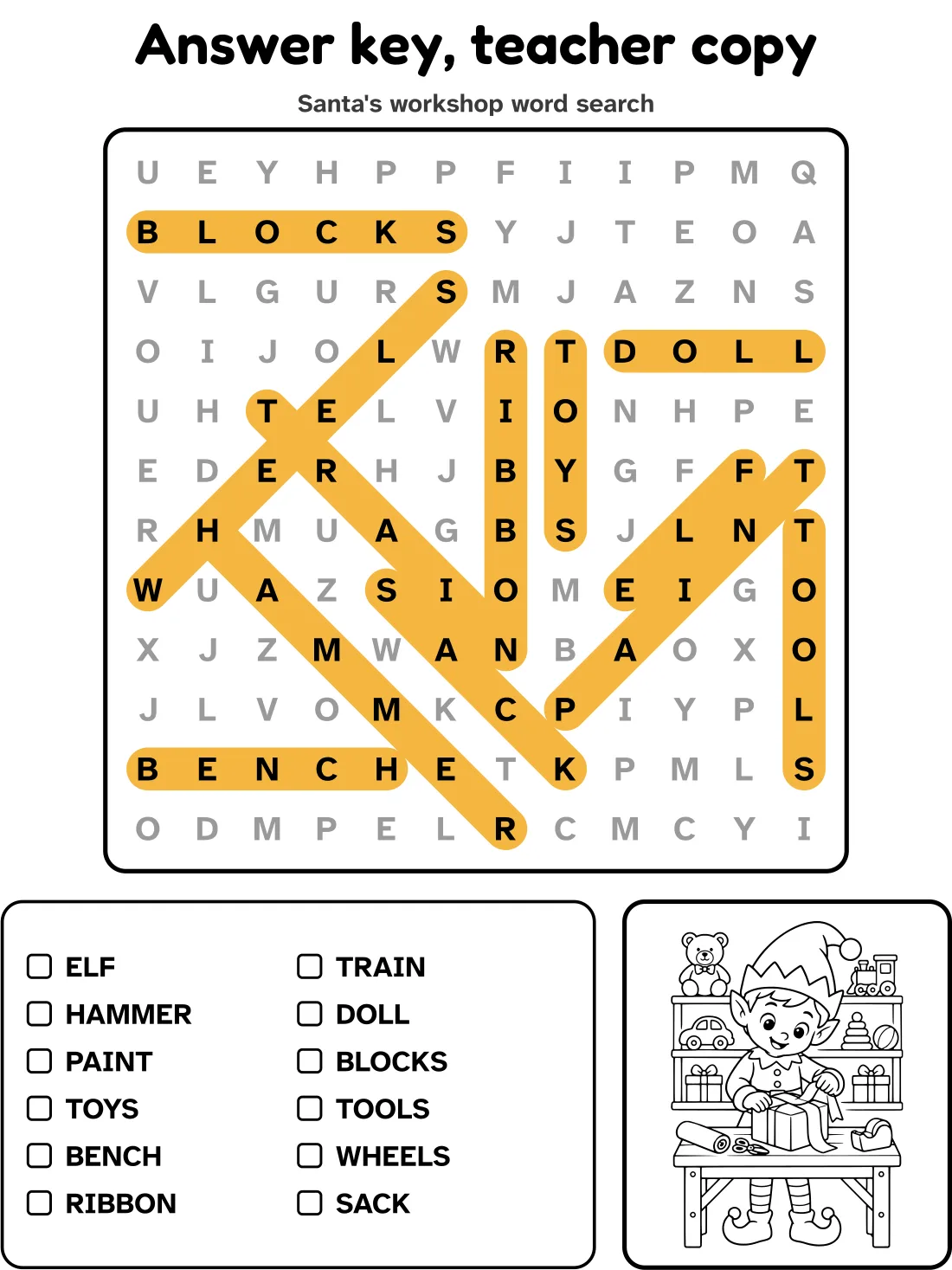 Answer key for the santa's workshop word search