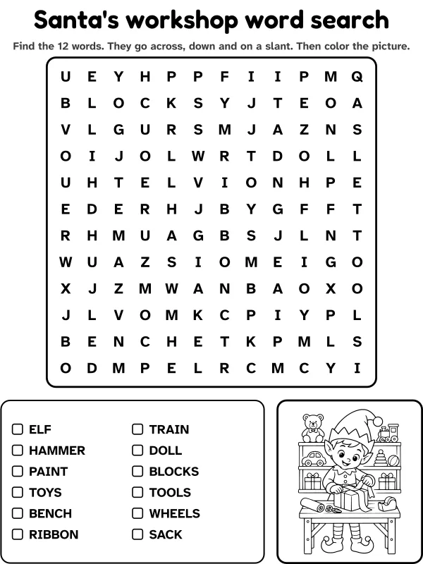 Santa's workshop word search with 12 words to find and a picture to color