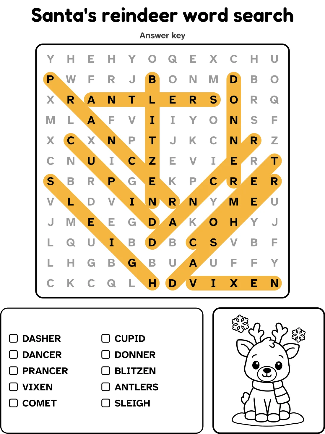 Answer key for the santa's reindeer word search