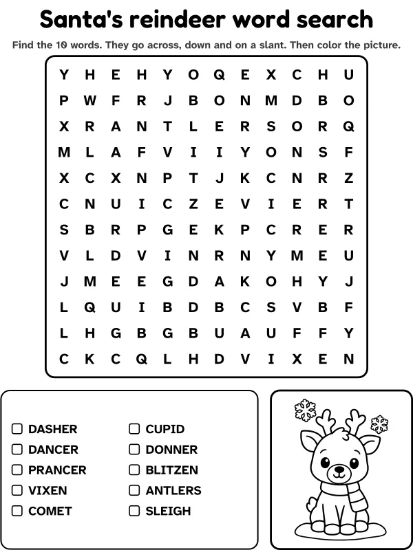 Santa's reindeer word search with 10 words to find and a picture to color