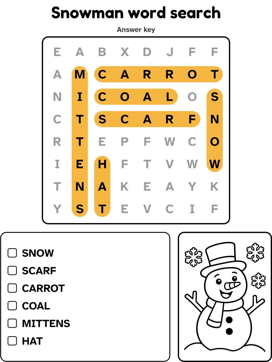Answer key for the snowman word search