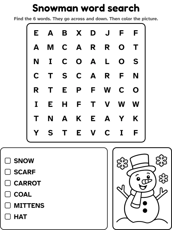 Snowman word search with 6 words to find and a picture to color