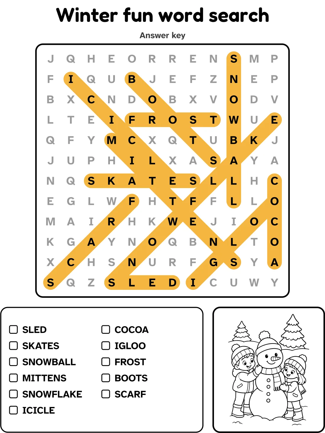 Answer key for the winter fun word search