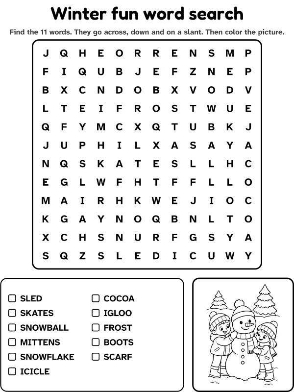 Winter fun word search with 11 words to find and a picture to color