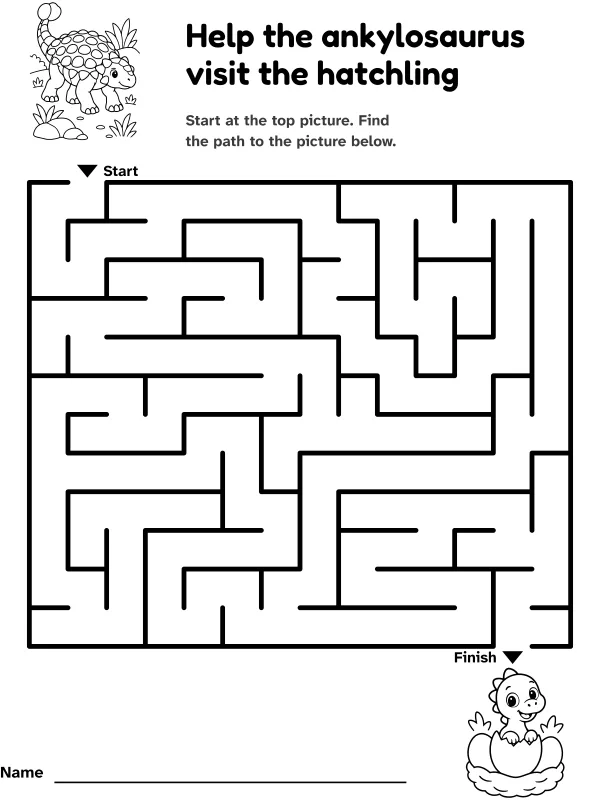 Ankylosaurus to hatchling maze: help the ankylosaurus visit the hatchling, with pictures at the start and finish